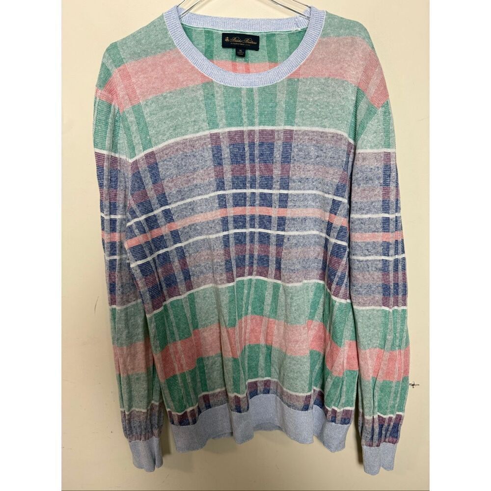Brooks Brothers Madras Pattern 100% Linen Pastel Plaid Lightweight Sweater Mens